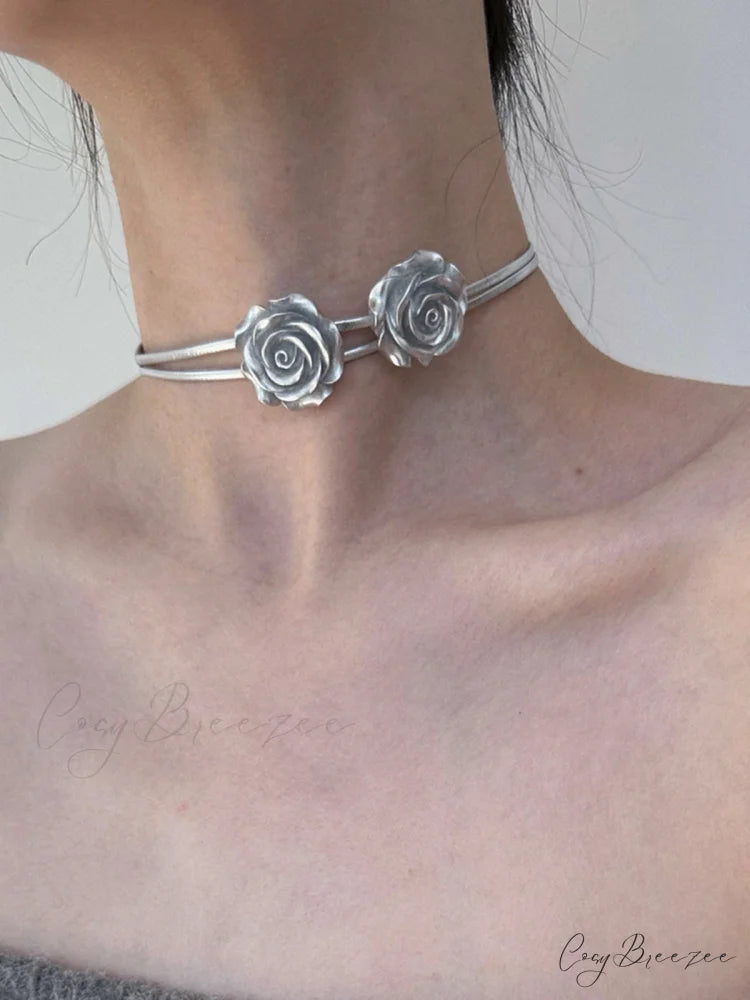 Double Rose Graceful Decor Necklace Silver / One Size