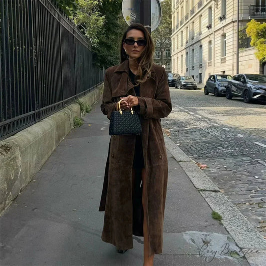 Double Row Button Lapel Long Coat Brown / S overcoats-241228