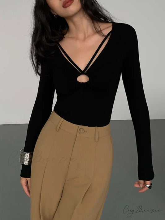 Double Sided Keyhole Trendy Rib Long Sleeve Shirt Black / XS