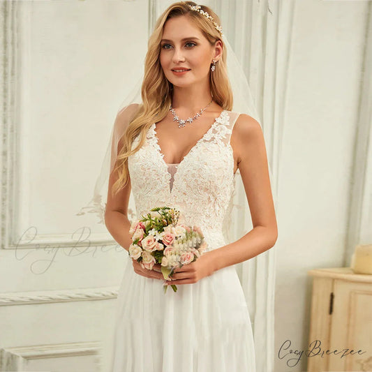 Double Strap Deep V-Neck Lace Wedding Dress weddingdress-250223