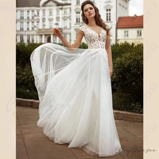 Double Strap Lace V-Neck Wedding Dress lvory white / 2 weddingdress-250223