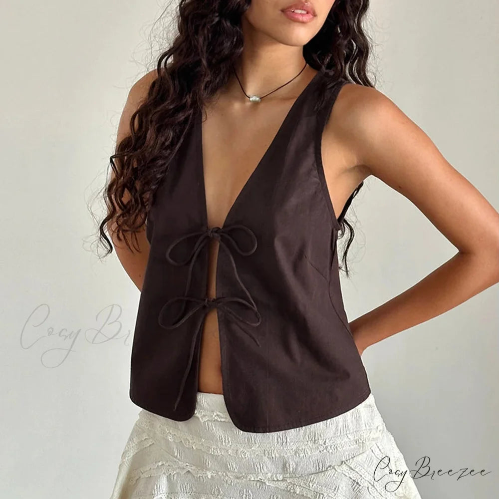 Double Tie Closure Crop Top Brown / S croptop-250223