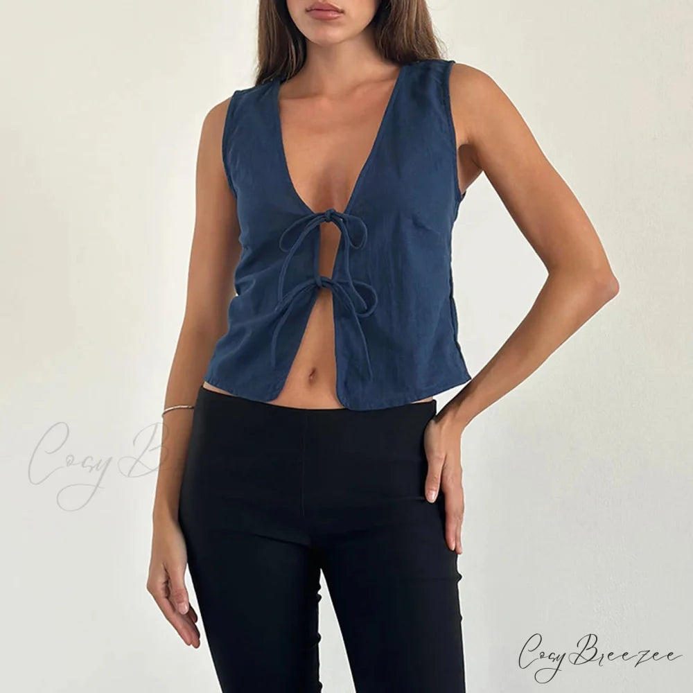 Double Tie Closure Crop Top Navy Blue / S croptop-250223