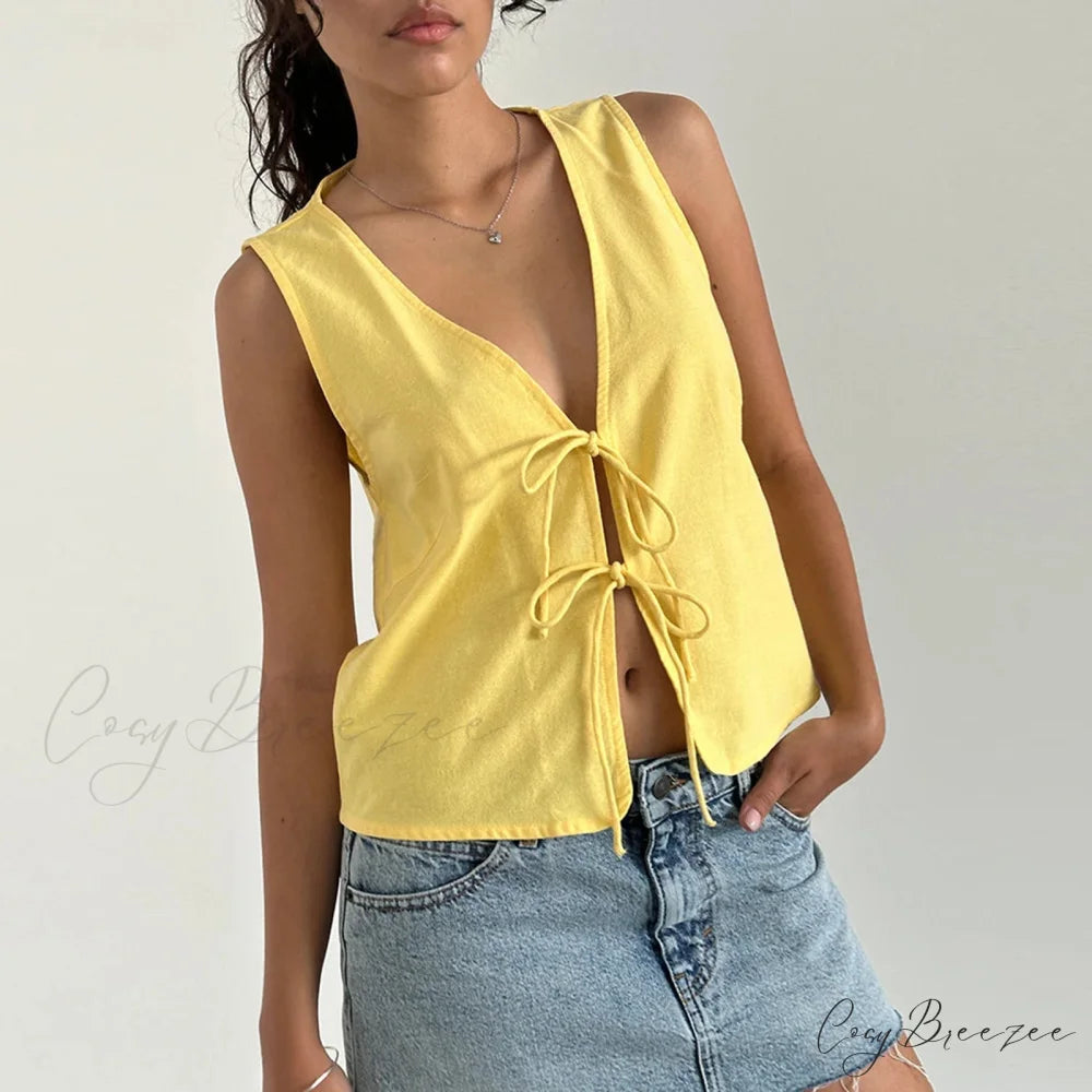 Double Tie Closure Crop Top Yellow / S croptop-250223