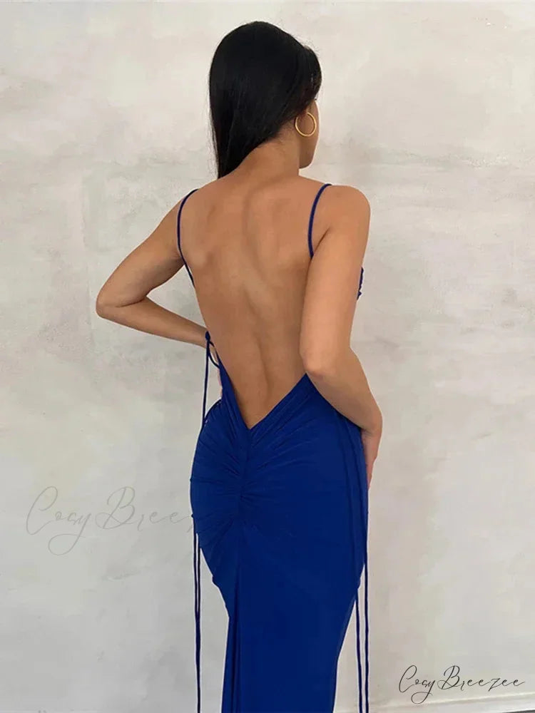 Draped Backless Maxi Dress dark blue / S