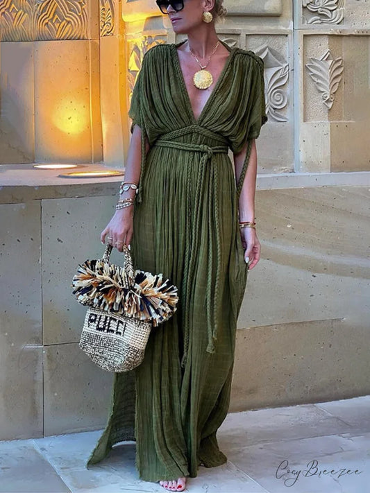 Draped Braids Kimono Cover Graceful Up Slit Maxi Dress Green / S