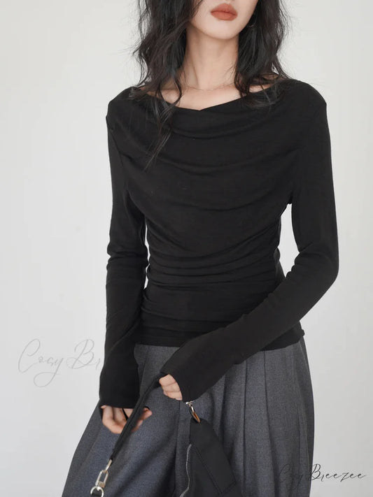 Draped Long Graceful Sleeve Slinky Shirt Black / XS