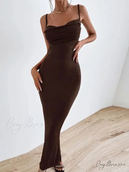 Draped Sleeveless Spaghetti Strap Summer Midi Dress Brown / S