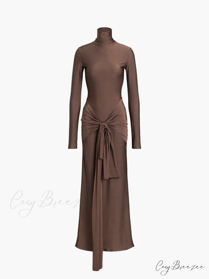 Draped Turtleneck Low Trendy Waist Twist Long Dress
