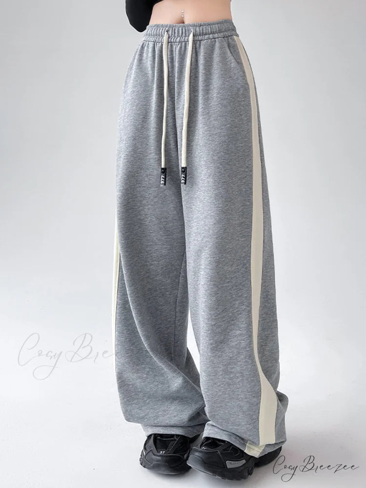 Drawstring Contrast Trim Trendy Wide Leg Sweatpants Light Grey / XS