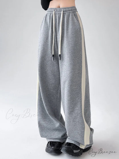 Drawstring Contrast Trim Trendy Wide Leg Sweatpants Light Grey / XS