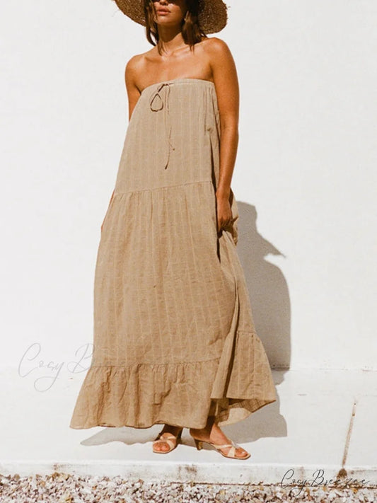 Drawstring Draped Stylish Holiday Style Dress Brown / S