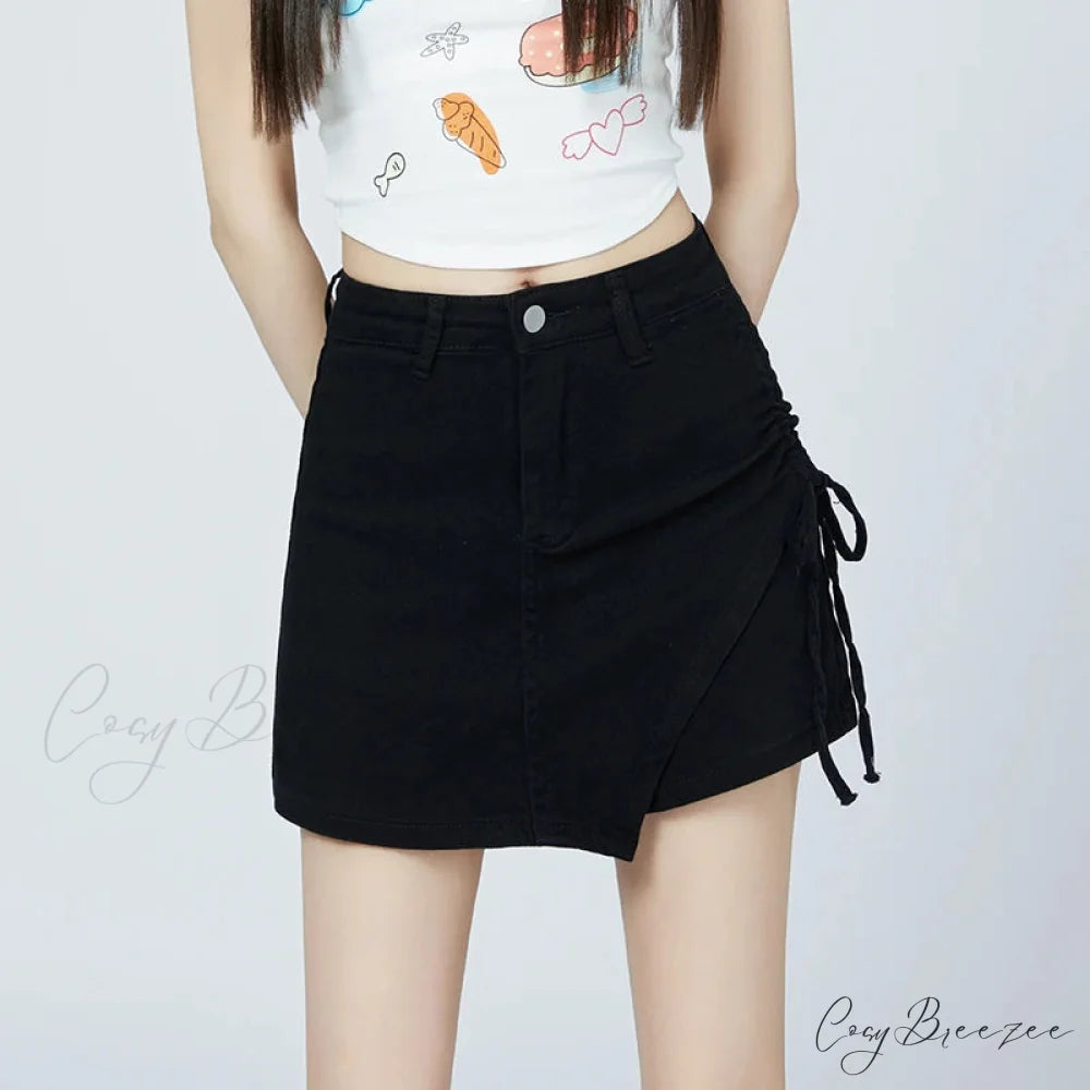 Drawstring Khaki Relaxed Skirt Black / S skirts-250223
