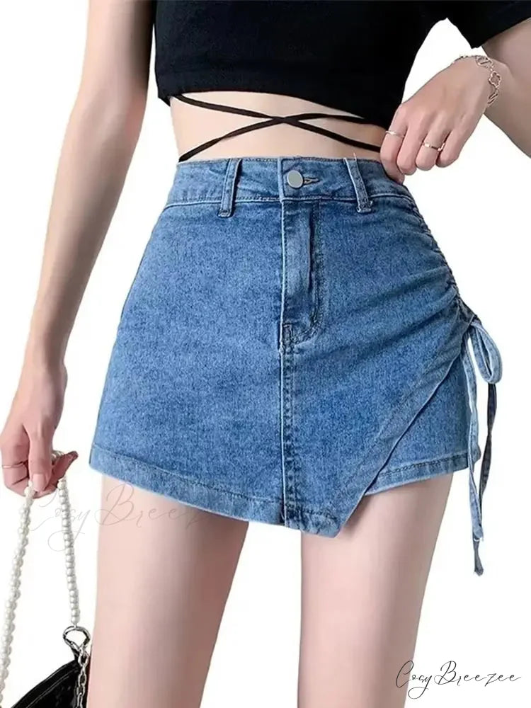 Drawstring Khaki Relaxed Skirt Blue / S skirts-250223