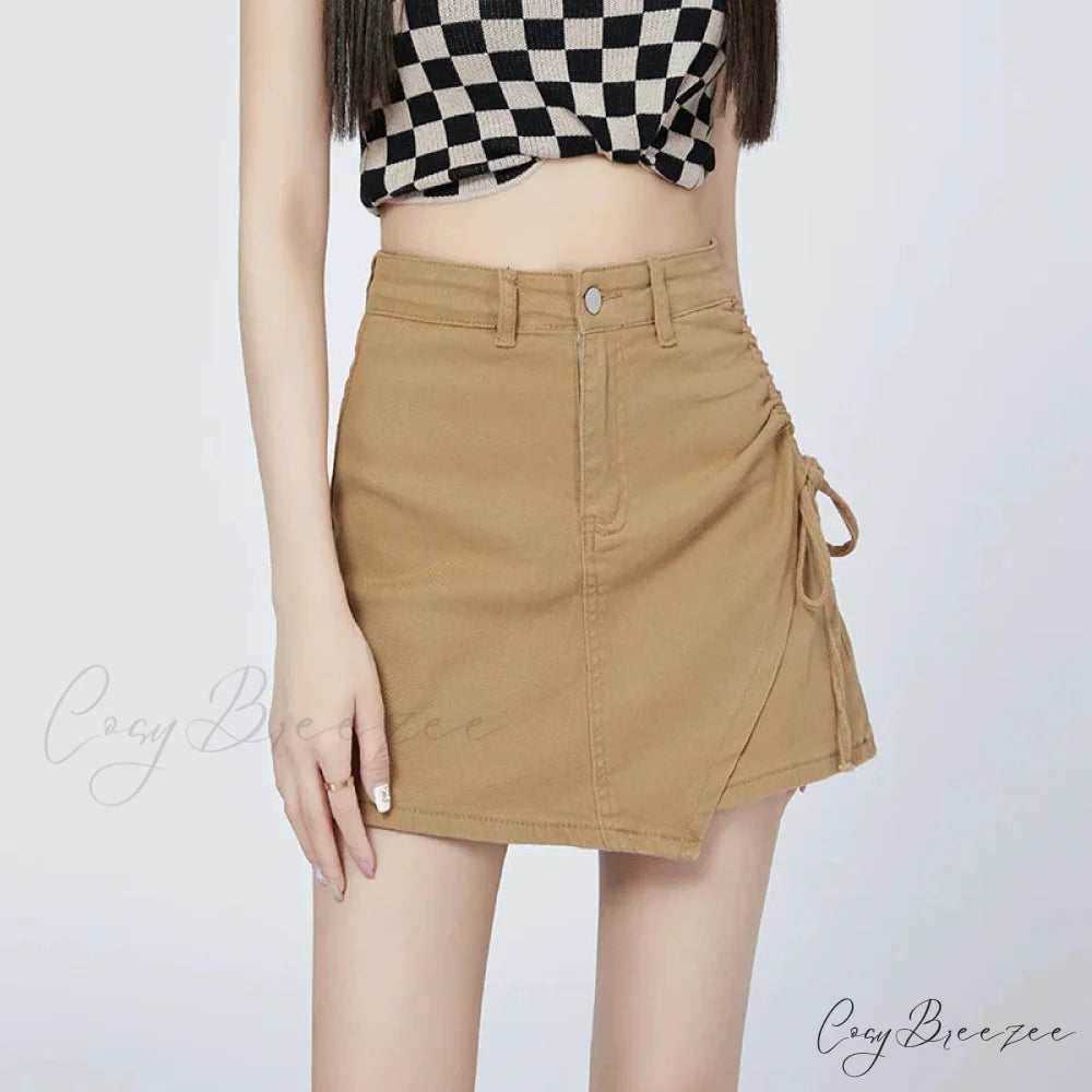 Drawstring Khaki Relaxed Skirt khaki / S skirts-250223