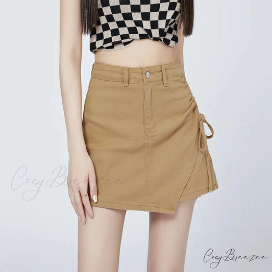 Drawstring Khaki Relaxed Skirt khaki / S skirts-250223