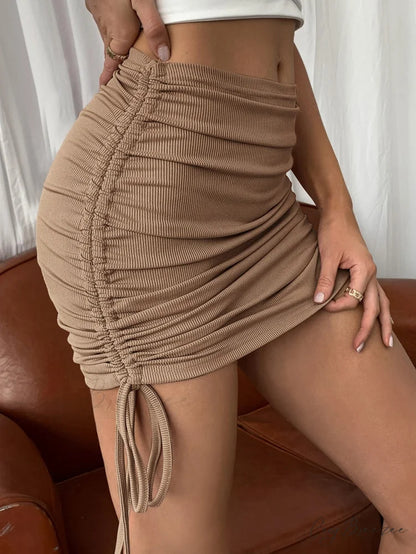 Drawstring Knot Rib-knit Bodycon Skirt Camel / XS