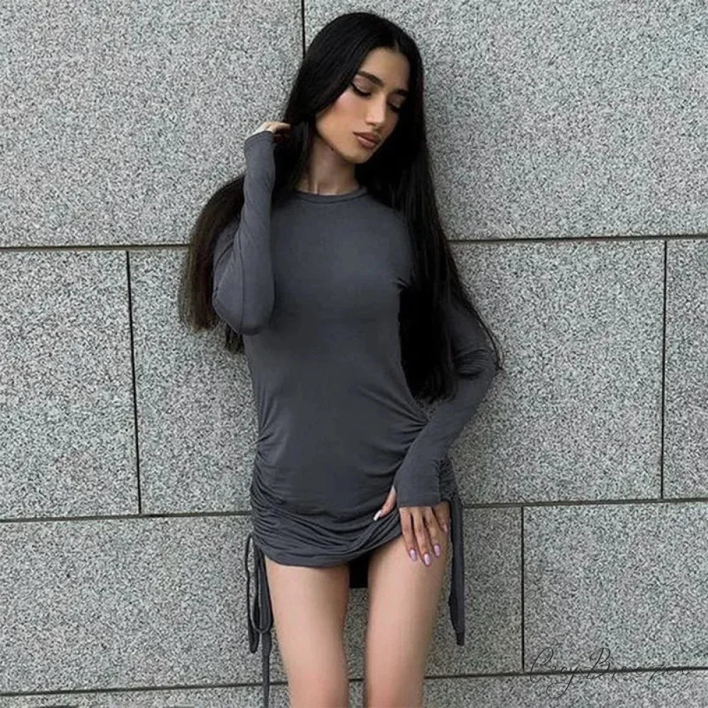 Drawstring Long Sleeve Club Party Bodycon Solid Mini Dress
