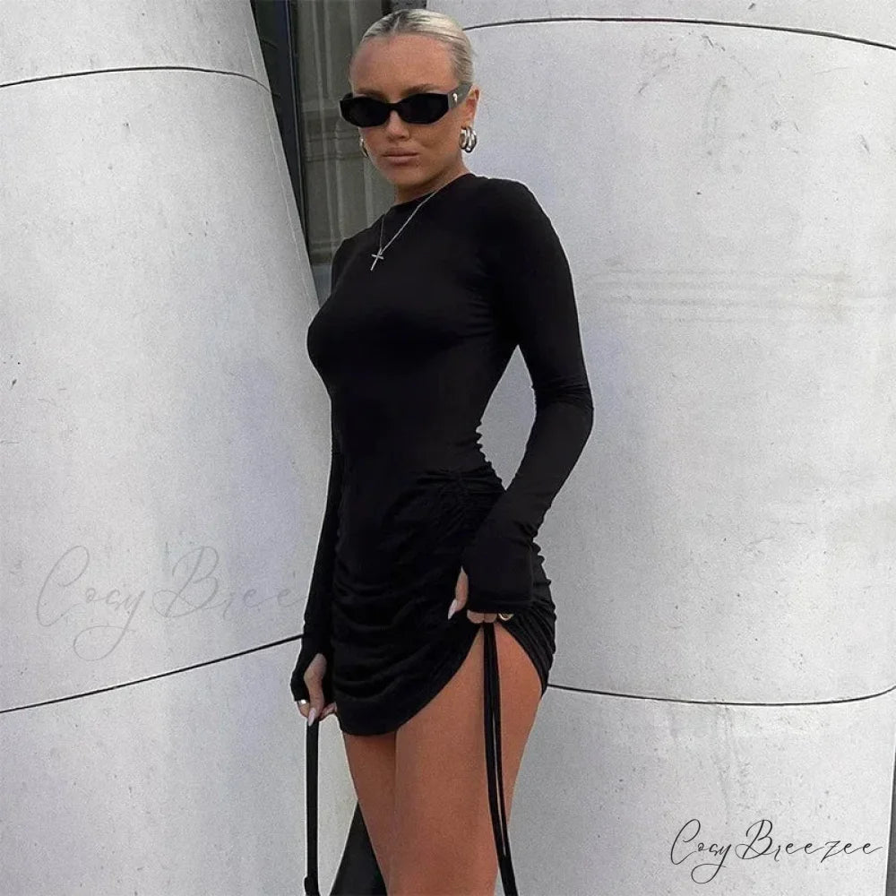 Drawstring Long Sleeve Club Party Bodycon Solid Mini Dress Black / S