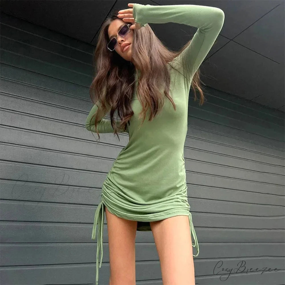 Drawstring Long Sleeve Club Party Bodycon Solid Mini Dress Green / S