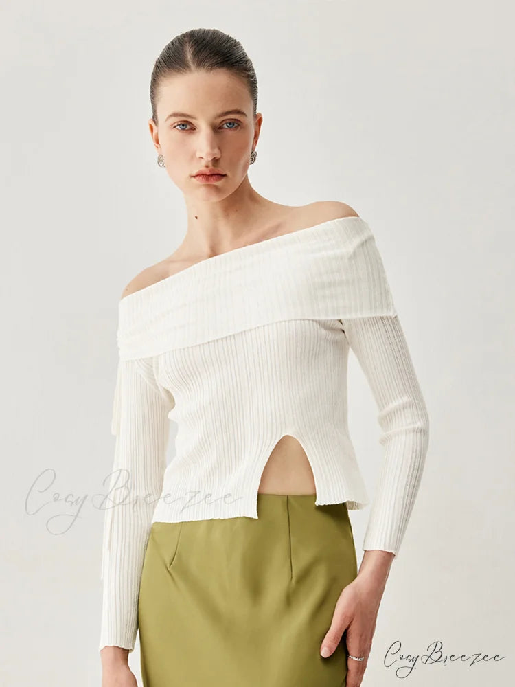 Drawstring Overfold Off Shoulder Modern Slit Ribbed Knit Top