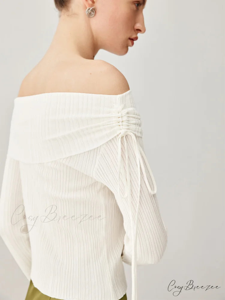 Drawstring Overfold Off Shoulder Modern Slit Ribbed Knit Top