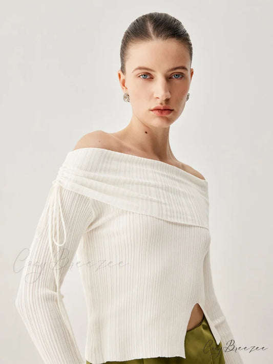 Drawstring Overfold Off Shoulder Modern Slit Ribbed Knit Top White / S