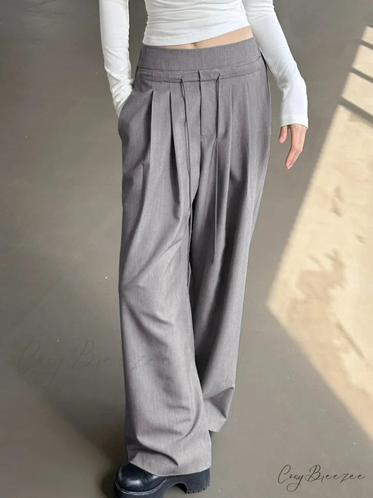 Drawstring Pleat Wide Trendy Leg Dress Pants