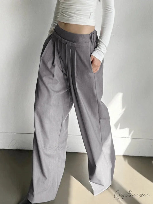 Drawstring Pleat Wide Trendy Leg Dress Pants Light Grey / XS