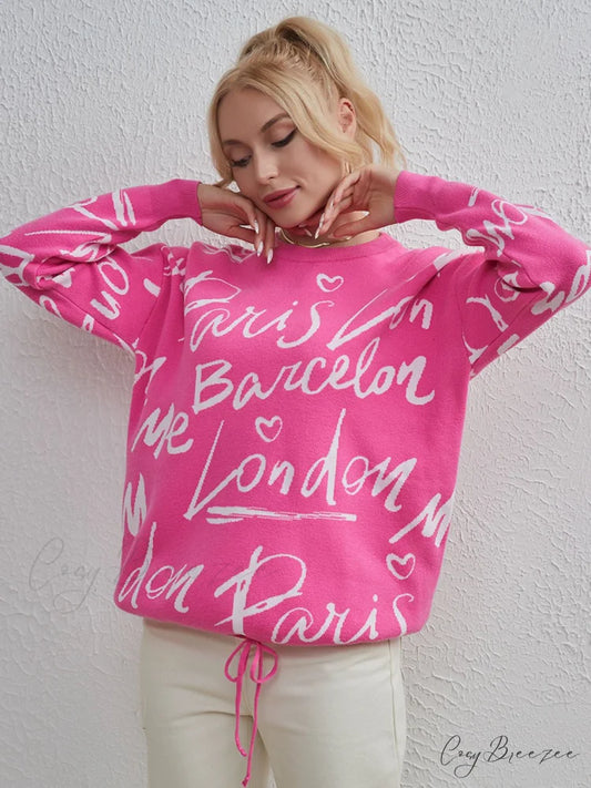 Drawstring Round Neck Sweater Hot Pink / One Size