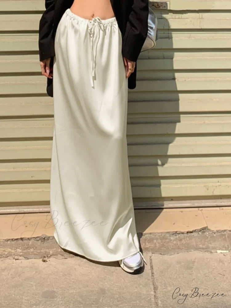 Drawstring Satin Graceful Maxi Skirt Apricot / S