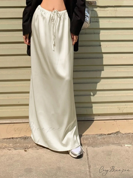 Drawstring Satin Graceful Maxi Skirt Apricot / S
