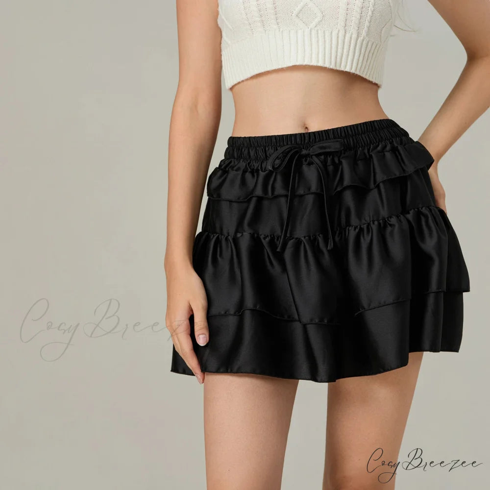Drawstring Stacked Flounces Skirt Black / S skirts-250223