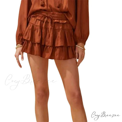 Drawstring Stacked Flounces Skirt Brown / S skirts-250223