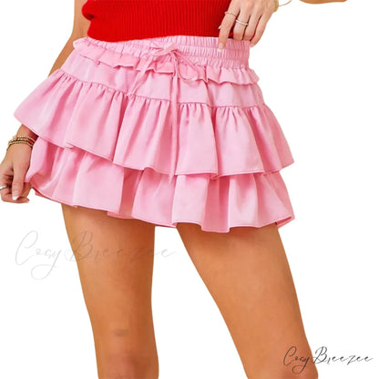 Drawstring Stacked Flounces Skirt Pink / S skirts-250223