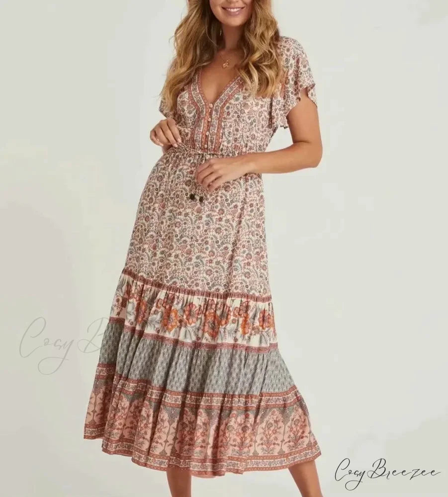 Drawstring Waist Midi Dress Vintage Floral Cotton Casual Summer Dress Beige / S bohodress-250126
