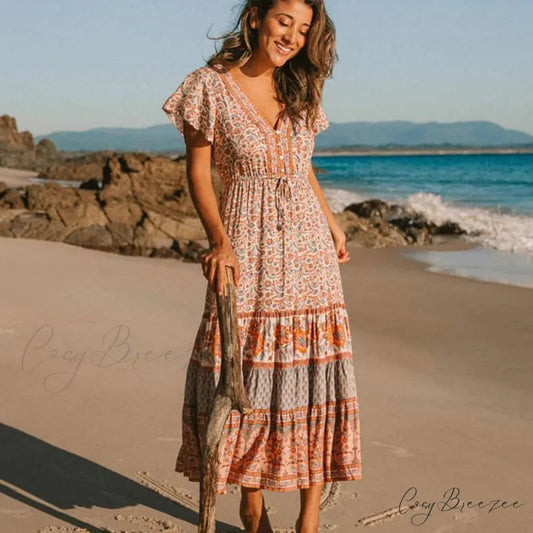 Drawstring Waist Midi Dress Vintage Floral Cotton Casual Summer Dress bohodress-250126
