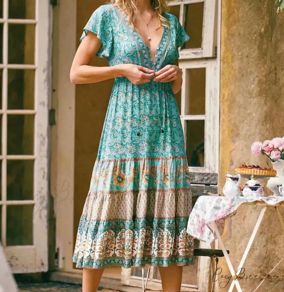 Drawstring Waist Midi Dress Vintage Floral Cotton Casual Summer Dress bohodress-250126