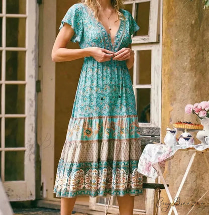 Drawstring Waist Midi Dress Vintage Floral Cotton Casual Summer Dress bohodress-250126
