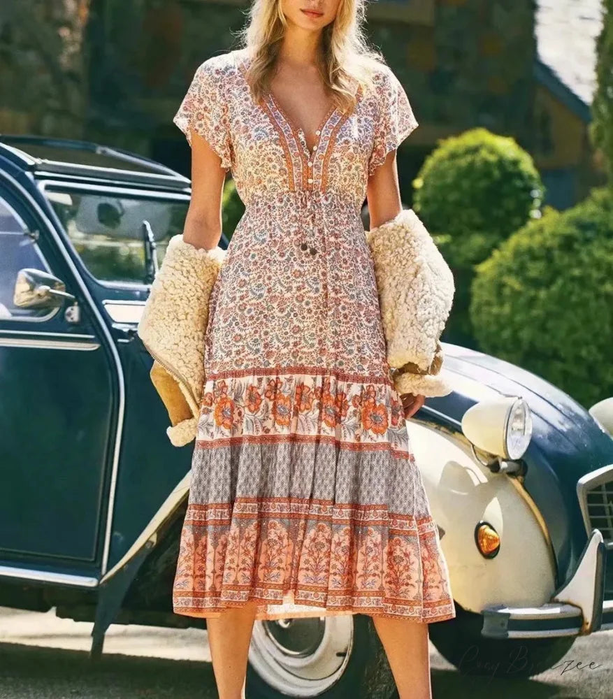Drawstring Waist Midi Dress Vintage Floral Cotton Casual Summer Dress bohodress-250126