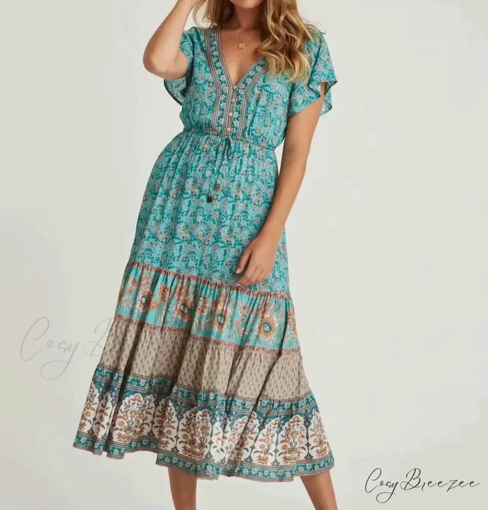 Drawstring Waist Midi Dress Vintage Floral Cotton Casual Summer Dress Green / S bohodress-250126
