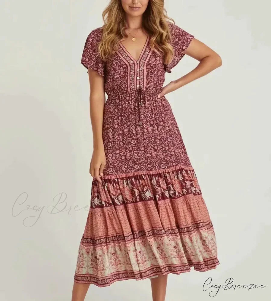 Drawstring Waist Midi Dress Vintage Floral Cotton Casual Summer Dress Red / S bohodress-250126