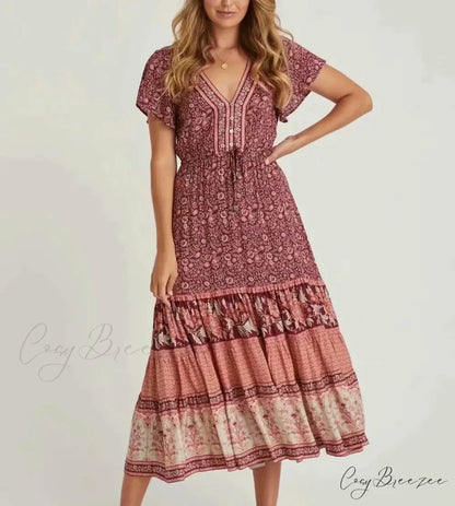 Drawstring Waist Midi Dress Vintage Floral Cotton Casual Summer Dress Red / S bohodress-250126