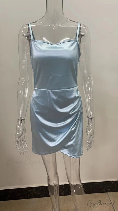 Dreamy In Satin Charming Ruched Mini Dress Blue / S