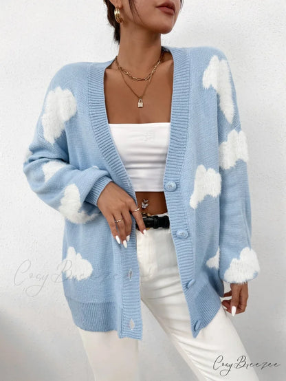 Drop Shoulder Cloud Pattern Cardigan
