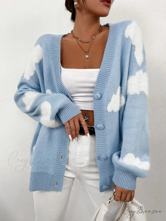 Drop Shoulder Cloud Pattern Cardigan