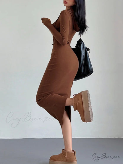 Drop Shoulder Graceful Drawstring Hooded Dress
