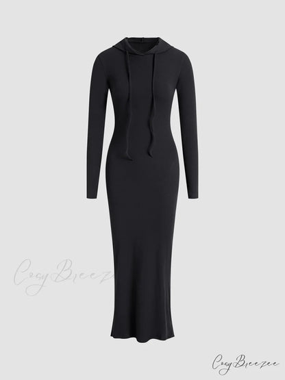 Drop Shoulder Graceful Drawstring Hooded Dress