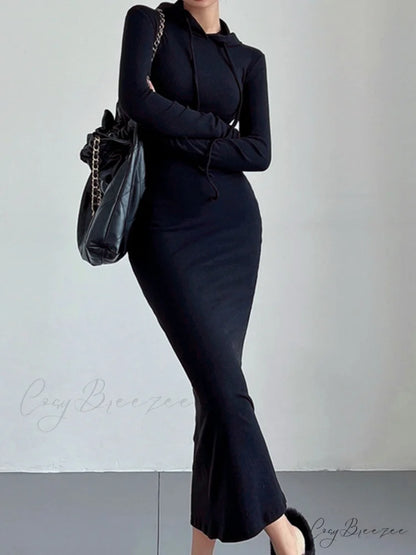 Drop Shoulder Graceful Drawstring Hooded Dress Black / XS