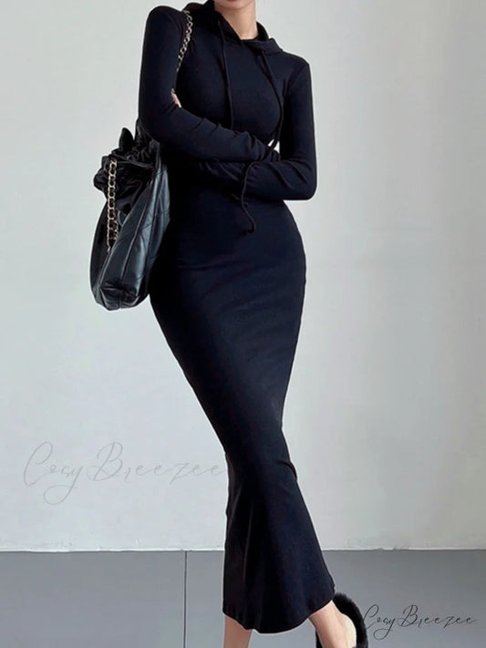 Drop Shoulder Graceful Drawstring Hooded Dress Black / XS